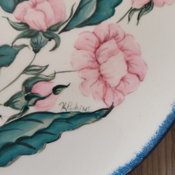 Vintage Hand-Painted Floral Ceramic Plate By Perkins With Blue Trim - Picture 2 of 5